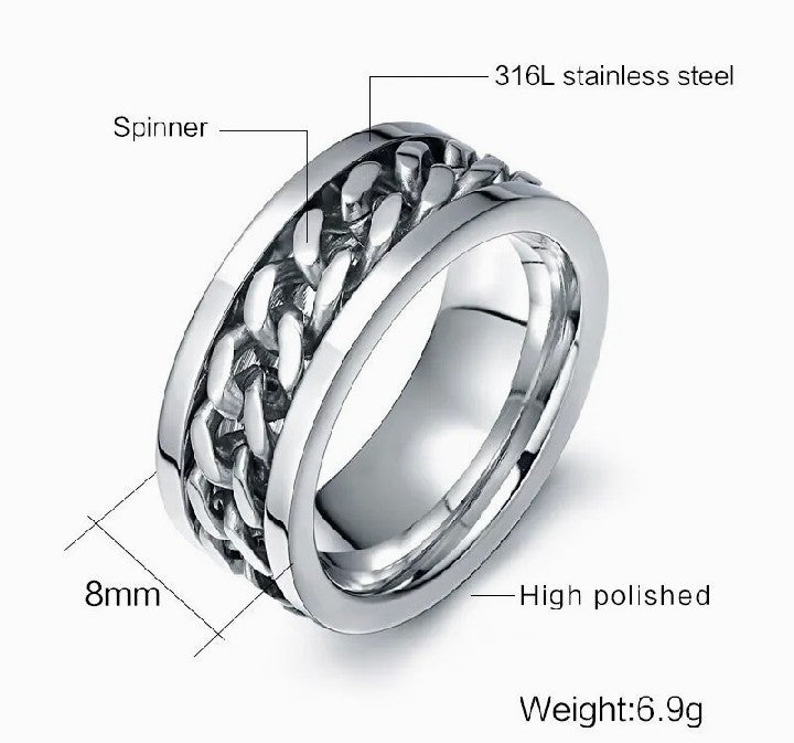 Fidget silver chain spinner ring